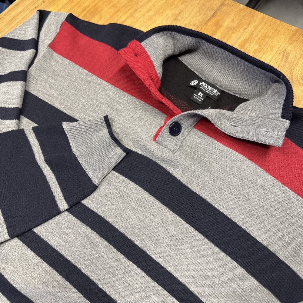 AKADEMIKS 2000s Y2K Gray Blue Red Striped Henley Rugby Sweater‎ Mens 3X Retro